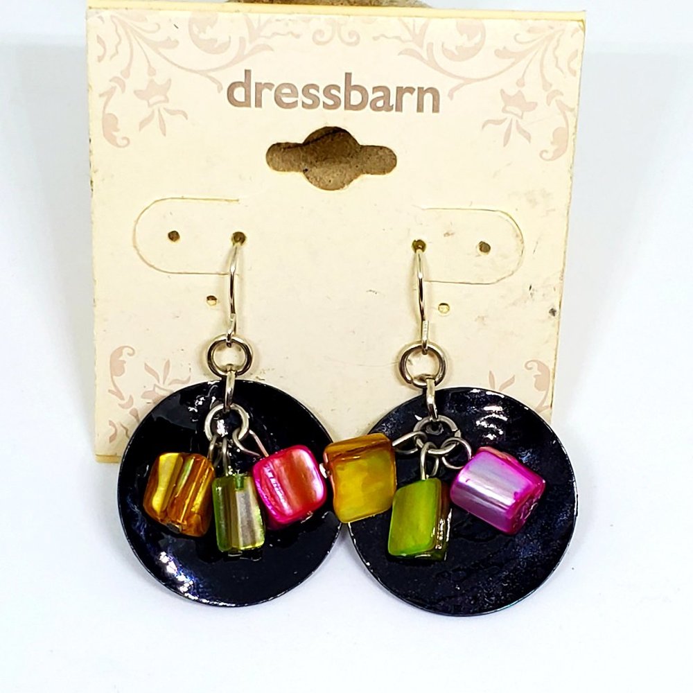NOC Dressbarn Genuine Abalone Shell Black, Pink, Yellow, Green Dangle Earrings